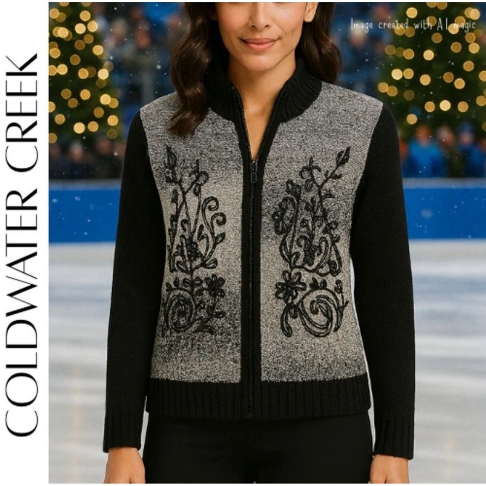 COLDWATER CREEK Black & Gray Ombre Knit Zip‎ Front Cardigan Sweater/Jacket Sz XL